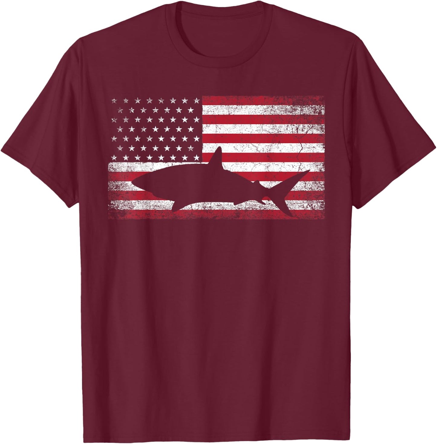 Vintage Shark Lover Fishing Diving July 4th American Flag T-Shirt - T-Shirt | Maroon