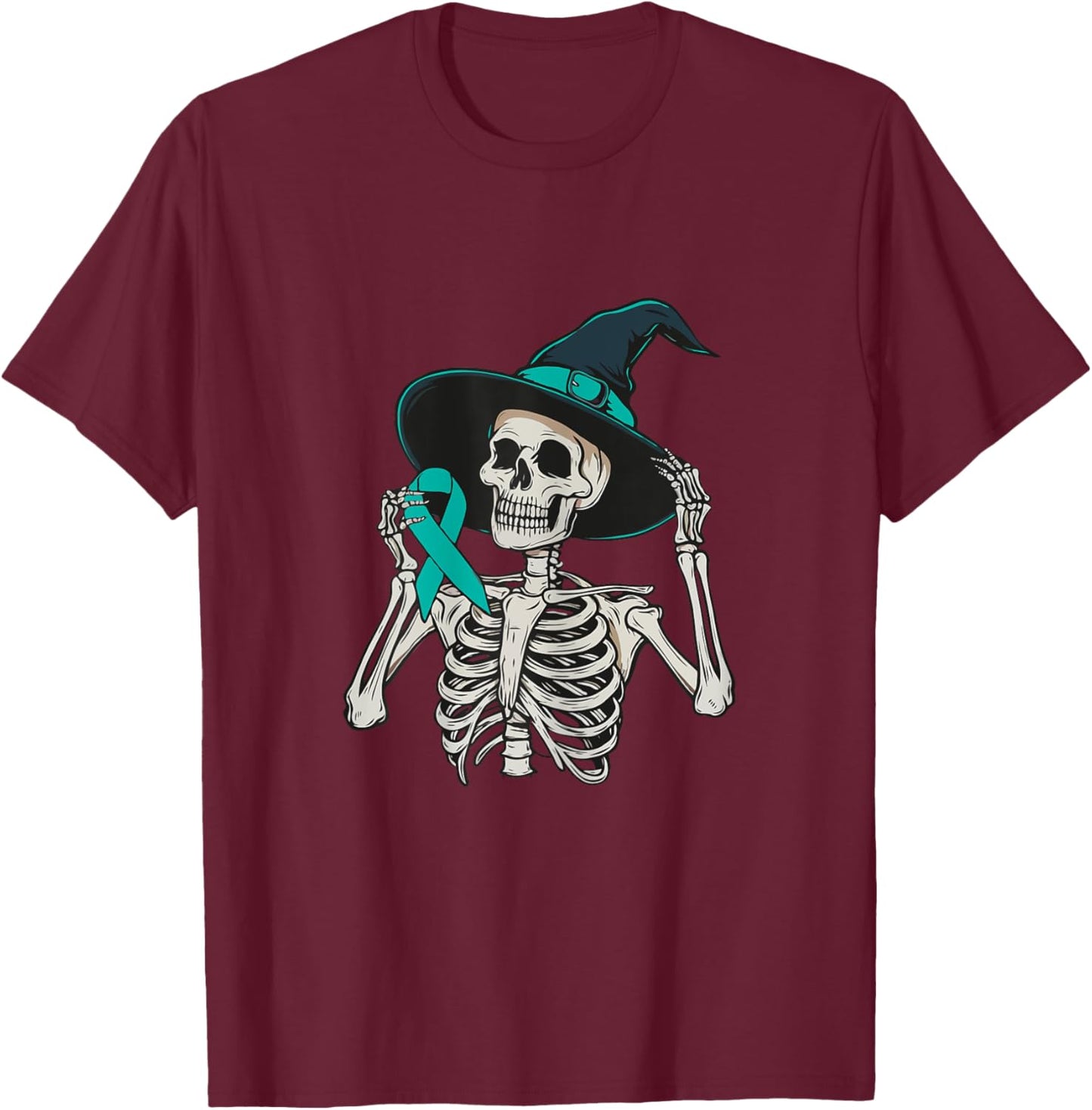 Teal Ribbon Peritoneal Cancer Awareness Skeleton Halloween T-Shirt - T-Shirt | Maroon