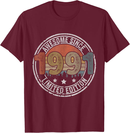 Born in 1991 Shirt Retro Vintage Awesome Since 1991 Birthday T-Shirt - T-Shirt | Maroon