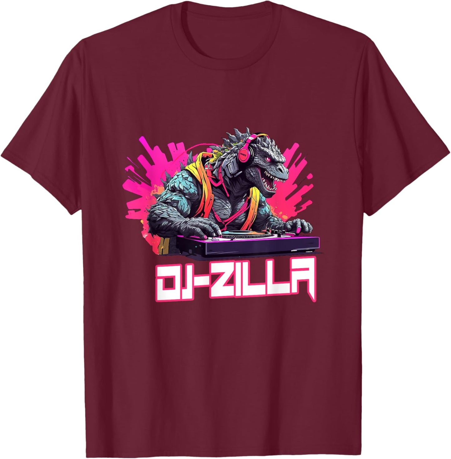 Japanese Monster Kaiju Dj-Zilla With Headphones Spinning T-Shirt - T-Shirt | Maroon