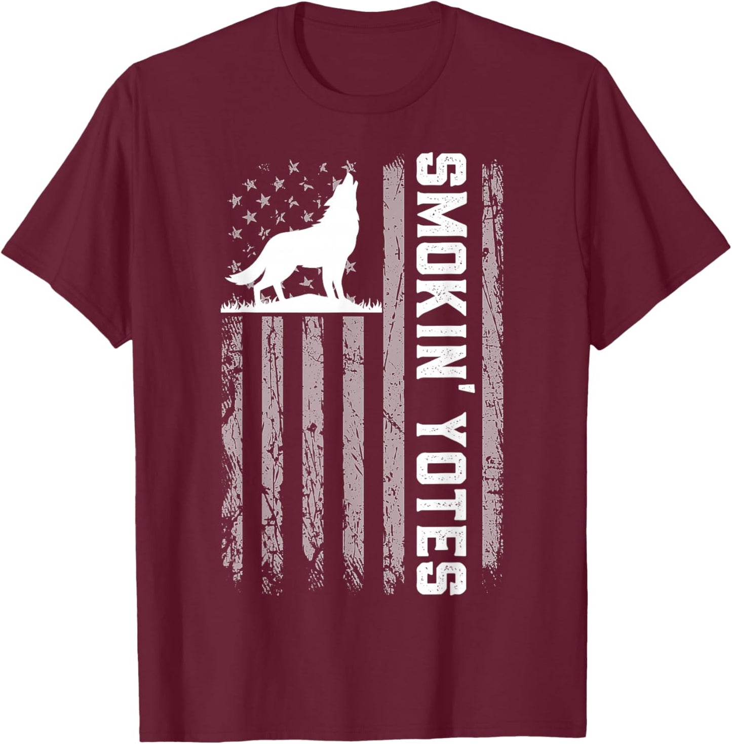 Smokin' Yotes USA Flag Coyote Hunting Patriotic Men Graphic T-Shirt - T-Shirt | Maroon