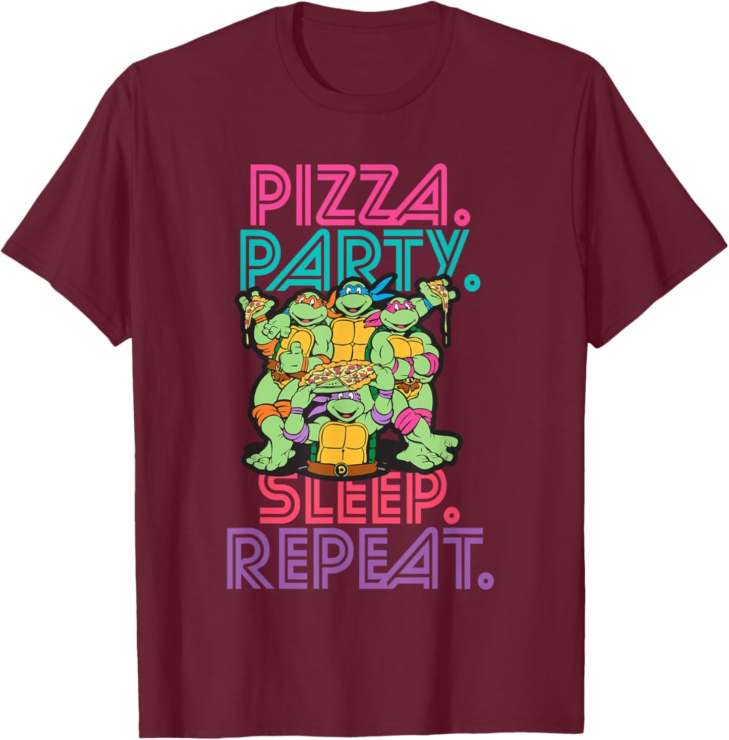 Teenage Mutant Ninja Turtles Pizza Party Sleep Repeat Neon T-Shirt - T-Shirt | Maroon