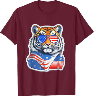 Patriotic Tiger 4th of July Sunglasses American Tiger Funny T-Shirt - T-Shirt | Maroon