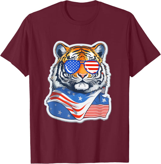 Patriotic Tiger 4th of July Sunglasses American Tiger Funny T-Shirt - T-Shirt | Maroon