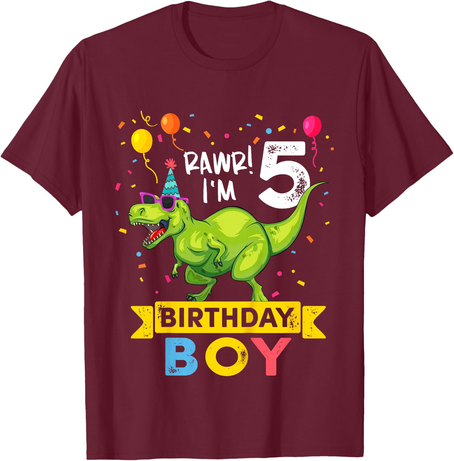 Kids 5 Year Old Boy T Rex Dinosaur 5th Birthday T-Shirt - T-Shirt | Maroon