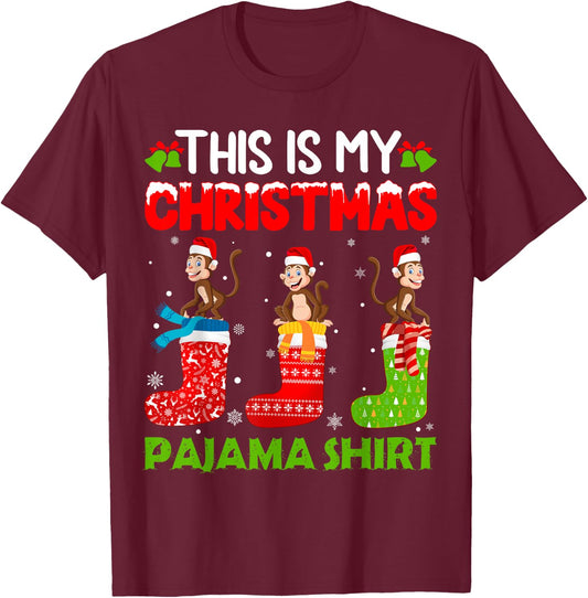 Monkey in Xmas Socks This is My Monkey Christmas Pajama T-Shirt - T-Shirt | Maroon