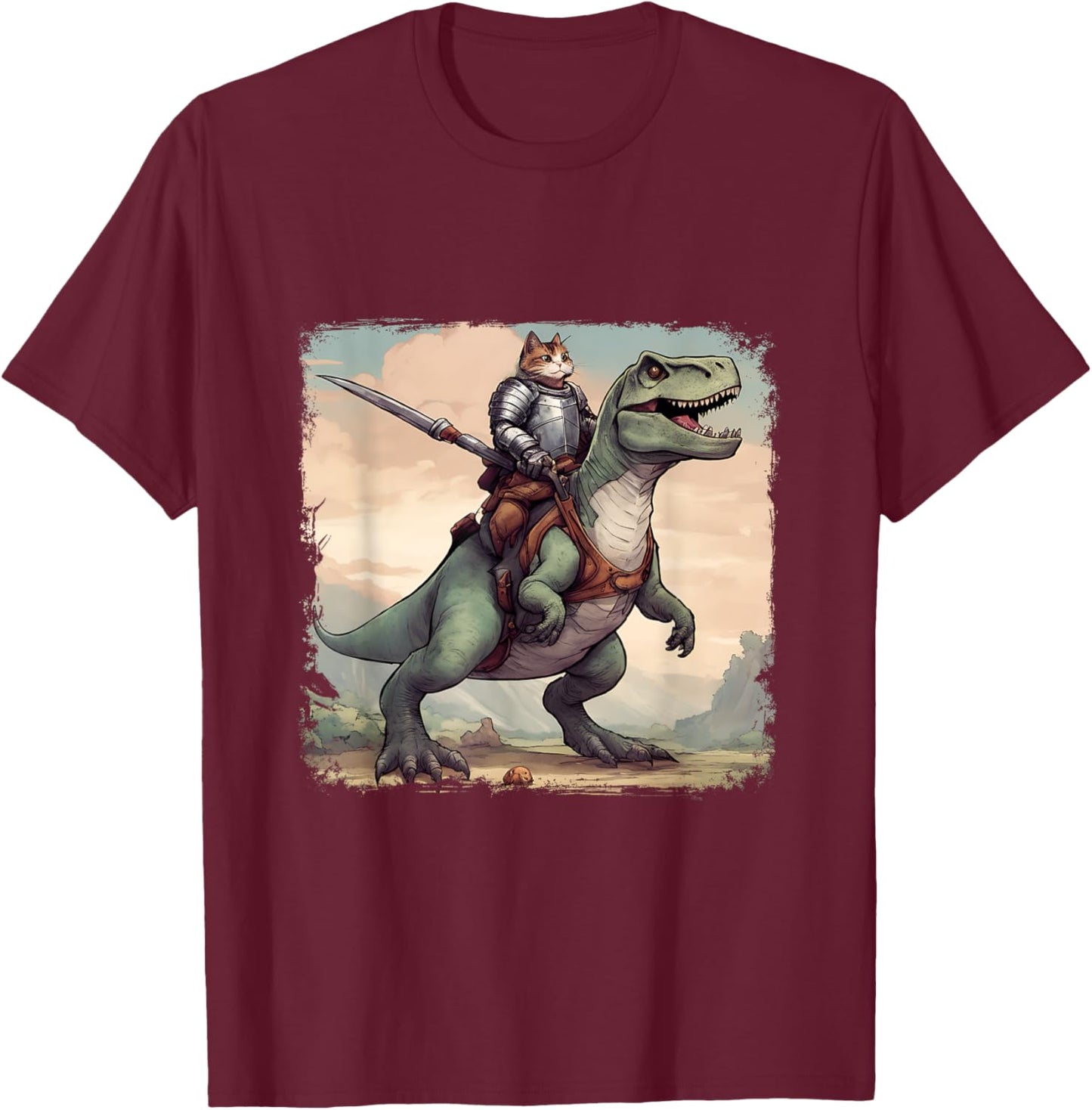 Cat Knight riding a T-Rex. Fun Men Women T-Shirt - T-Shirt | Maroon