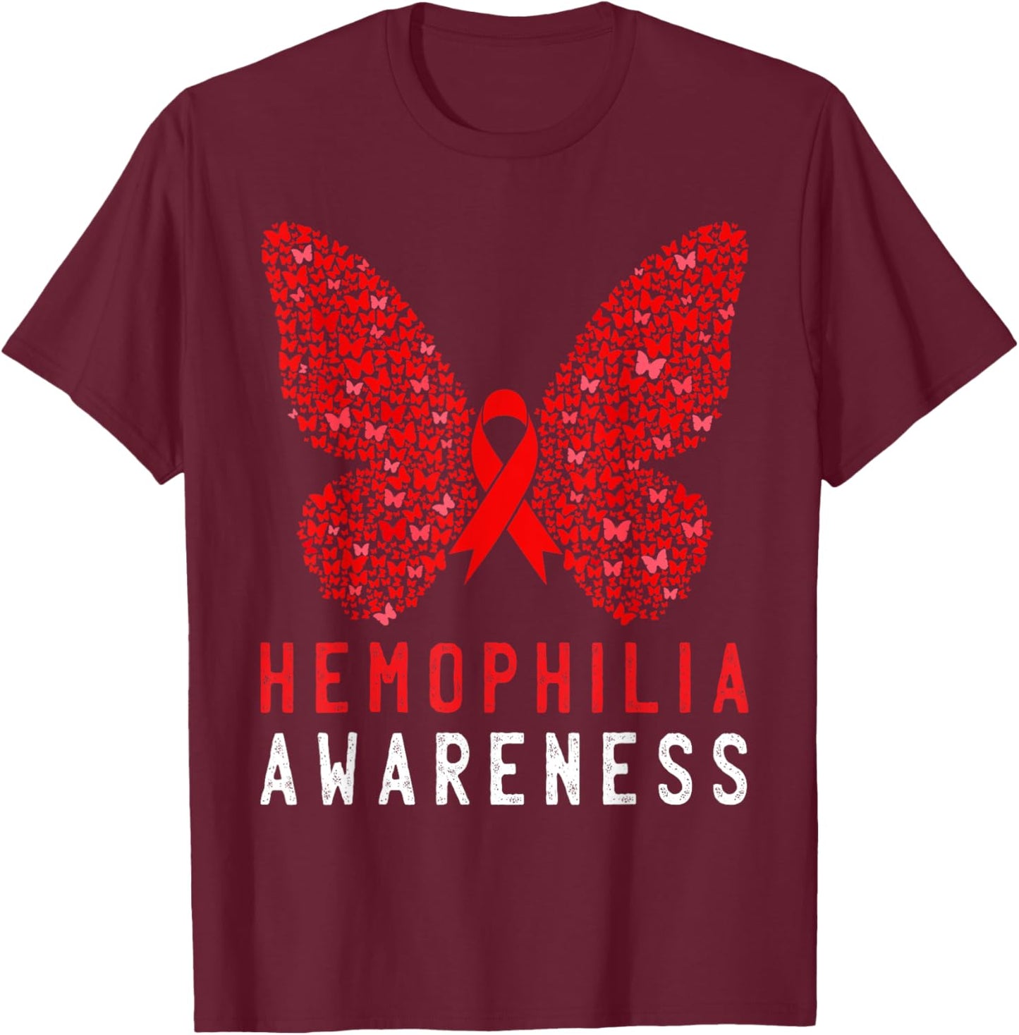 Butterfly Hemophilia Awareness Month Red Ribbon Support T-Shirt - T-Shirt | Maroon