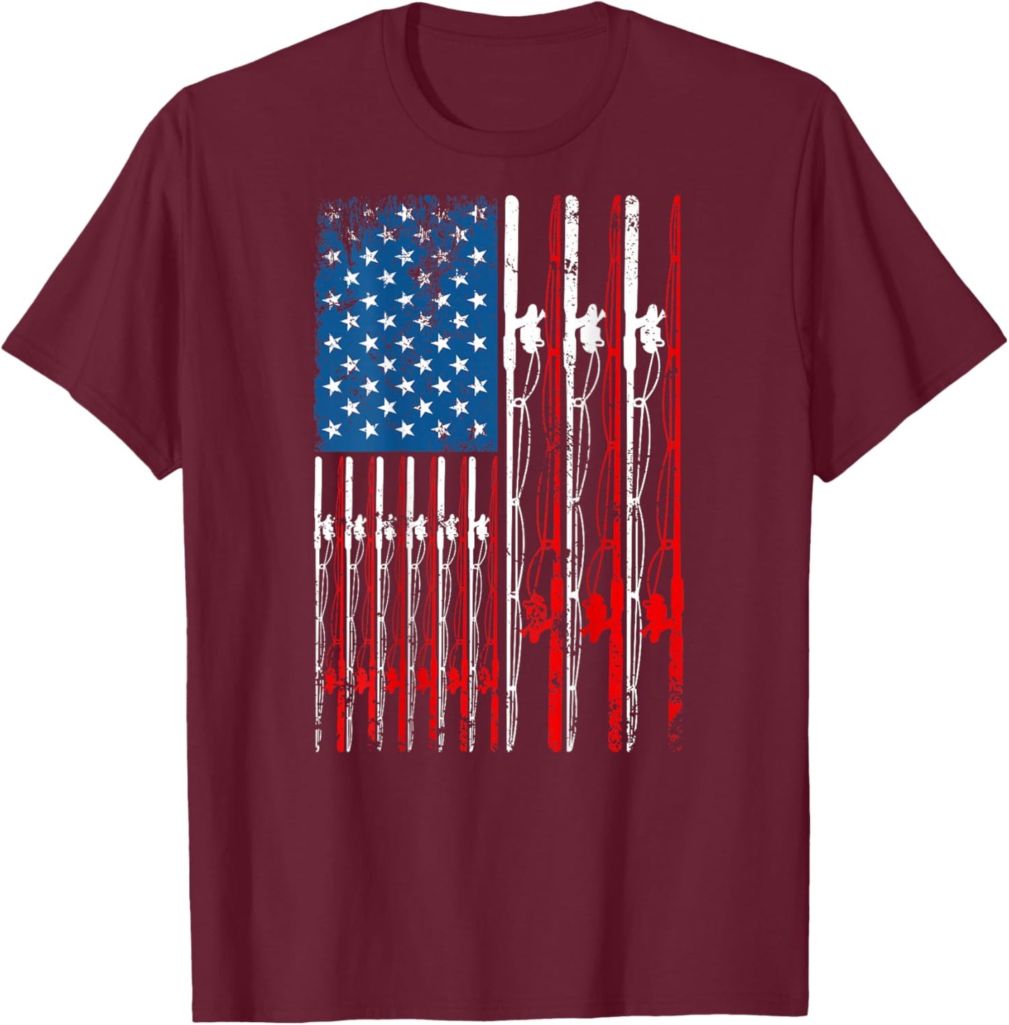 American Flag Fishing Rod Fishing Lover Vintage Fisherman T-Shirt - T-Shirt | Maroon