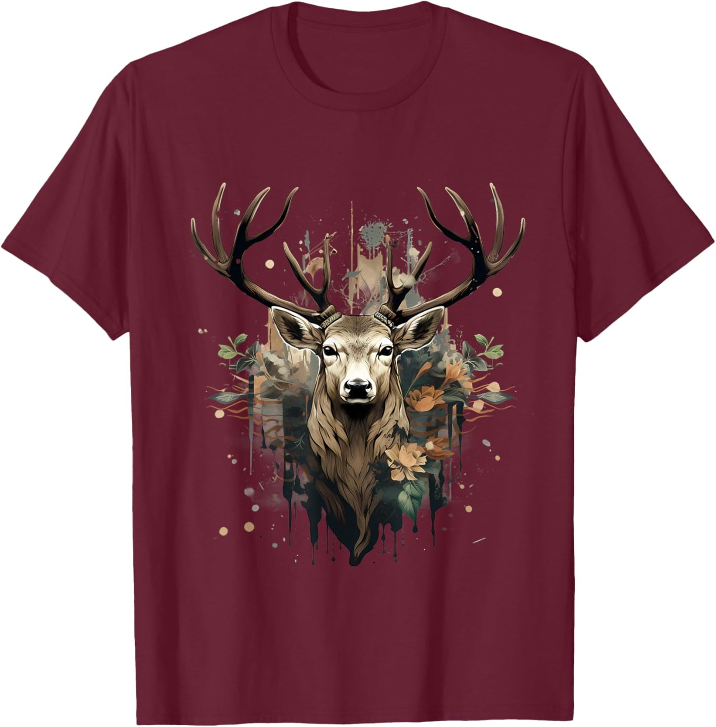 Deer Portrait Floral Artwork Wildlife Nature Animal Lovers T-Shirt - T-Shirt | Maroon