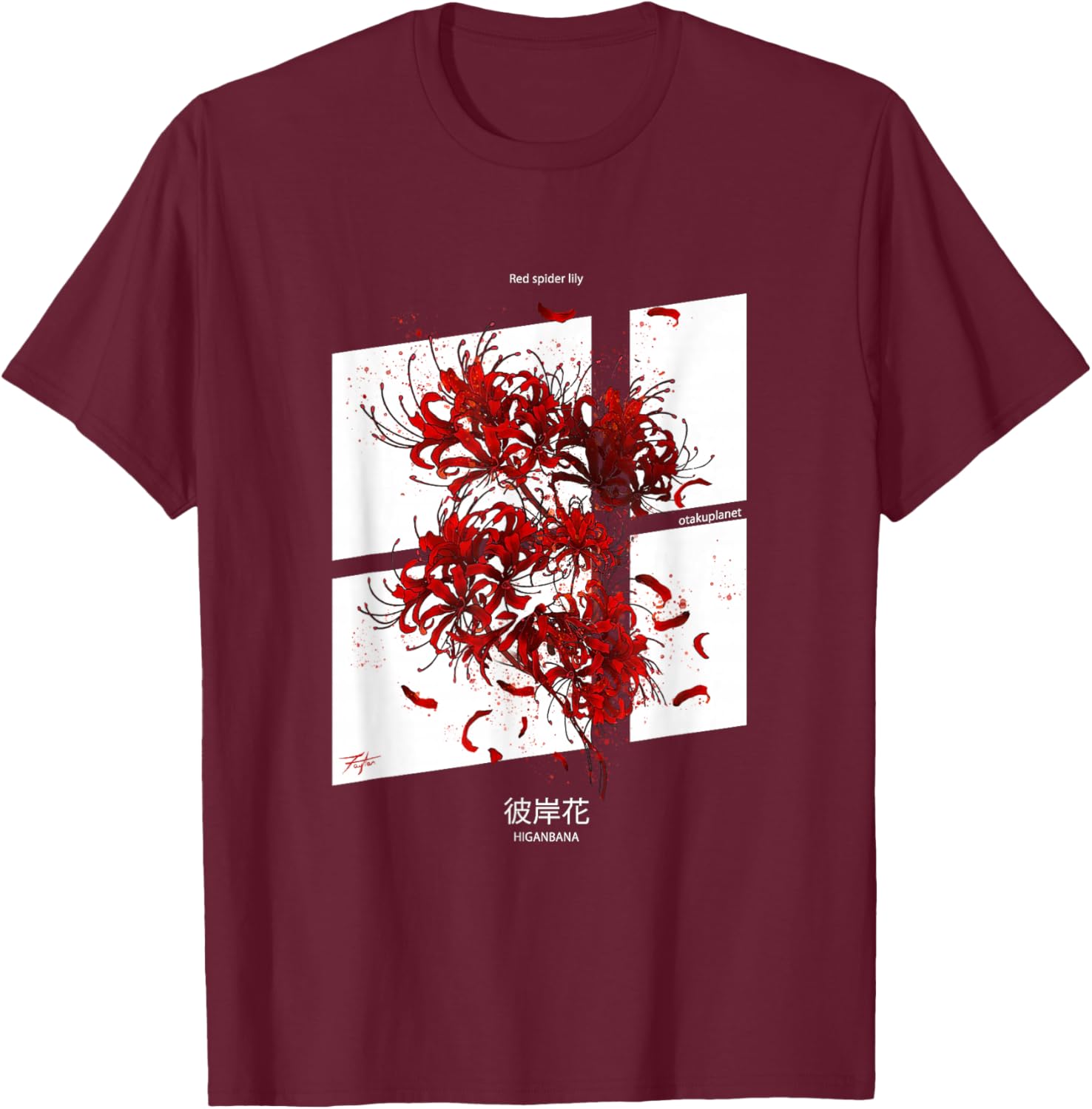 Higanbana or Red Spider Lily in Japanese soft Grunge Anime T-Shirt - T-Shirt | Maroon