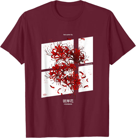 Higanbana or Red Spider Lily in Japanese soft Grunge Anime T-Shirt - T-Shirt | Maroon