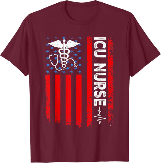 ICU Nurse American Flag Patriotic Intensive Care Unit Nurse T-Shirt - T-Shirt | Maroon