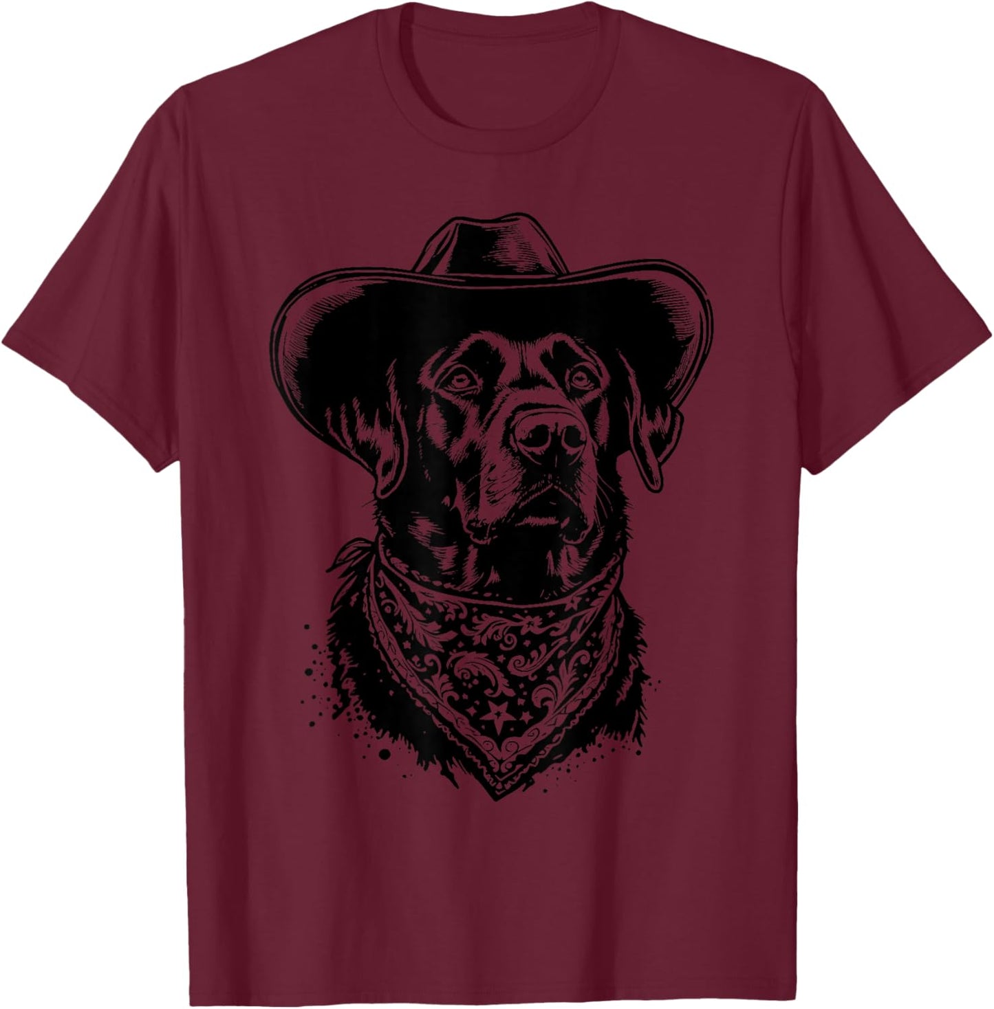 Retro Western Black Labrador Cowboy Hat and Bandana T-Shirt - T-Shirt | Maroon