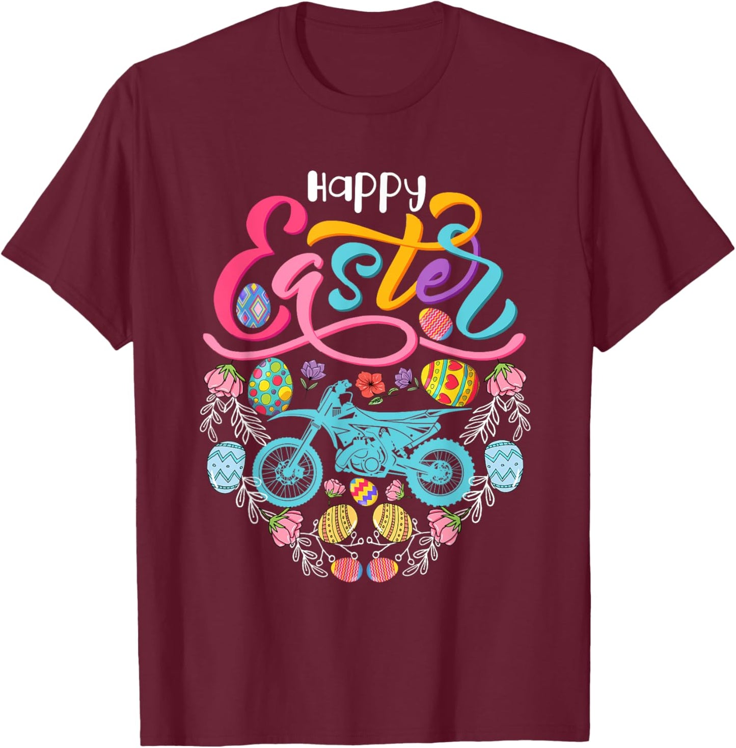 Happy Easter Dirt Bike In Easter Eggs Heart Shape Biker T-Shirt - T-Shirt | Maroon