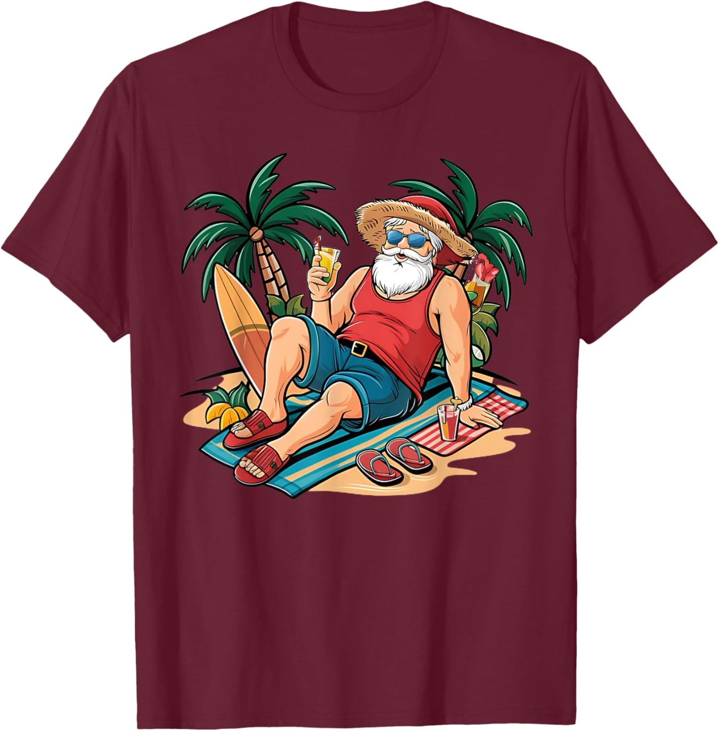 Christmas in July Santa on Beach Hawaiian Summer Vacation Men Women Kids T-Shirt - T-Shirt | Maroon