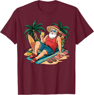 Christmas in July Santa on Beach Hawaiian Summer Vacation Men Women Kids T-Shirt - T-Shirt | Maroon