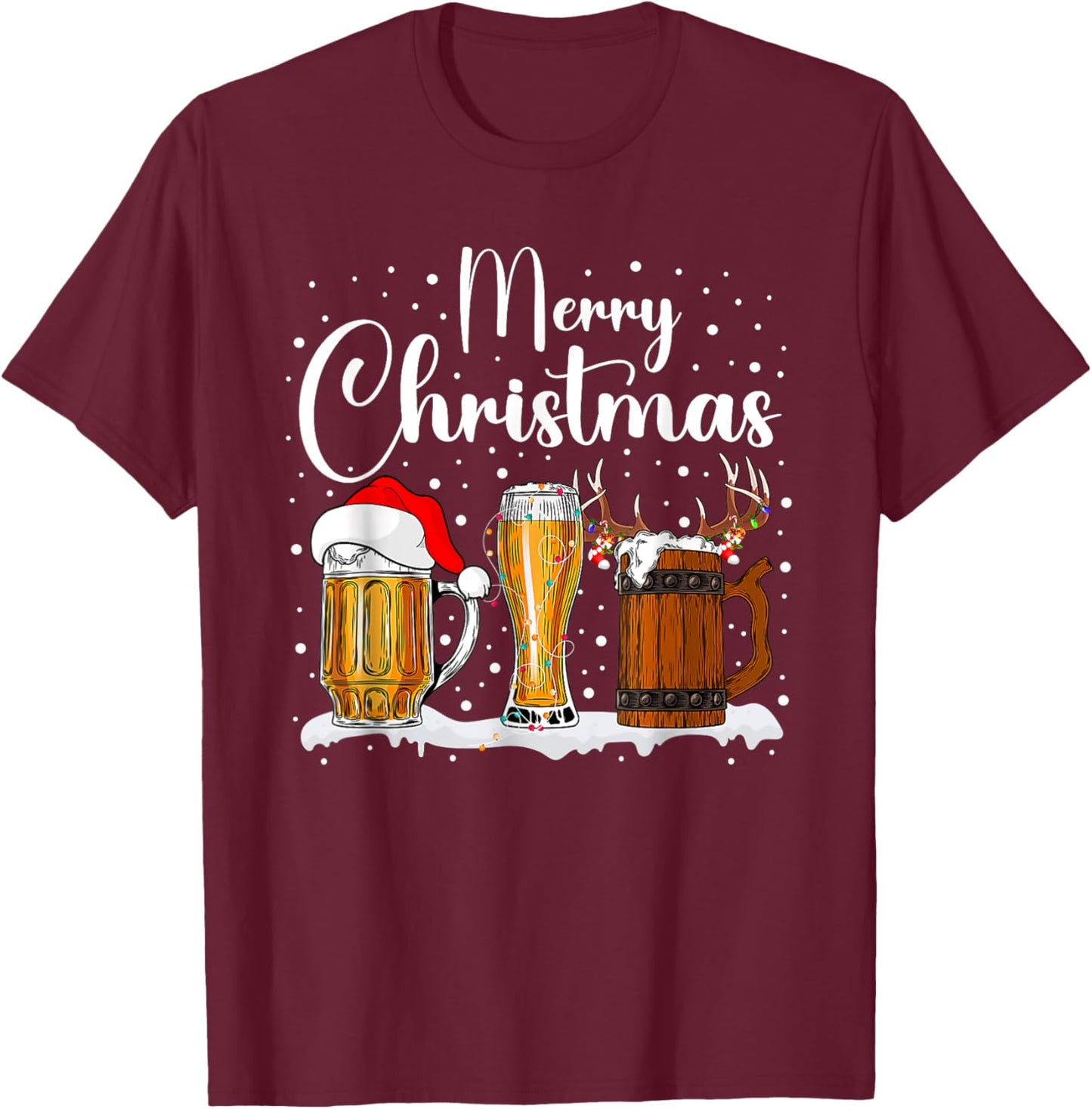 Christmas Pajamas Men Women Christmas Sweater Beer Glasses T-Shirt - T-Shirt | Maroon
