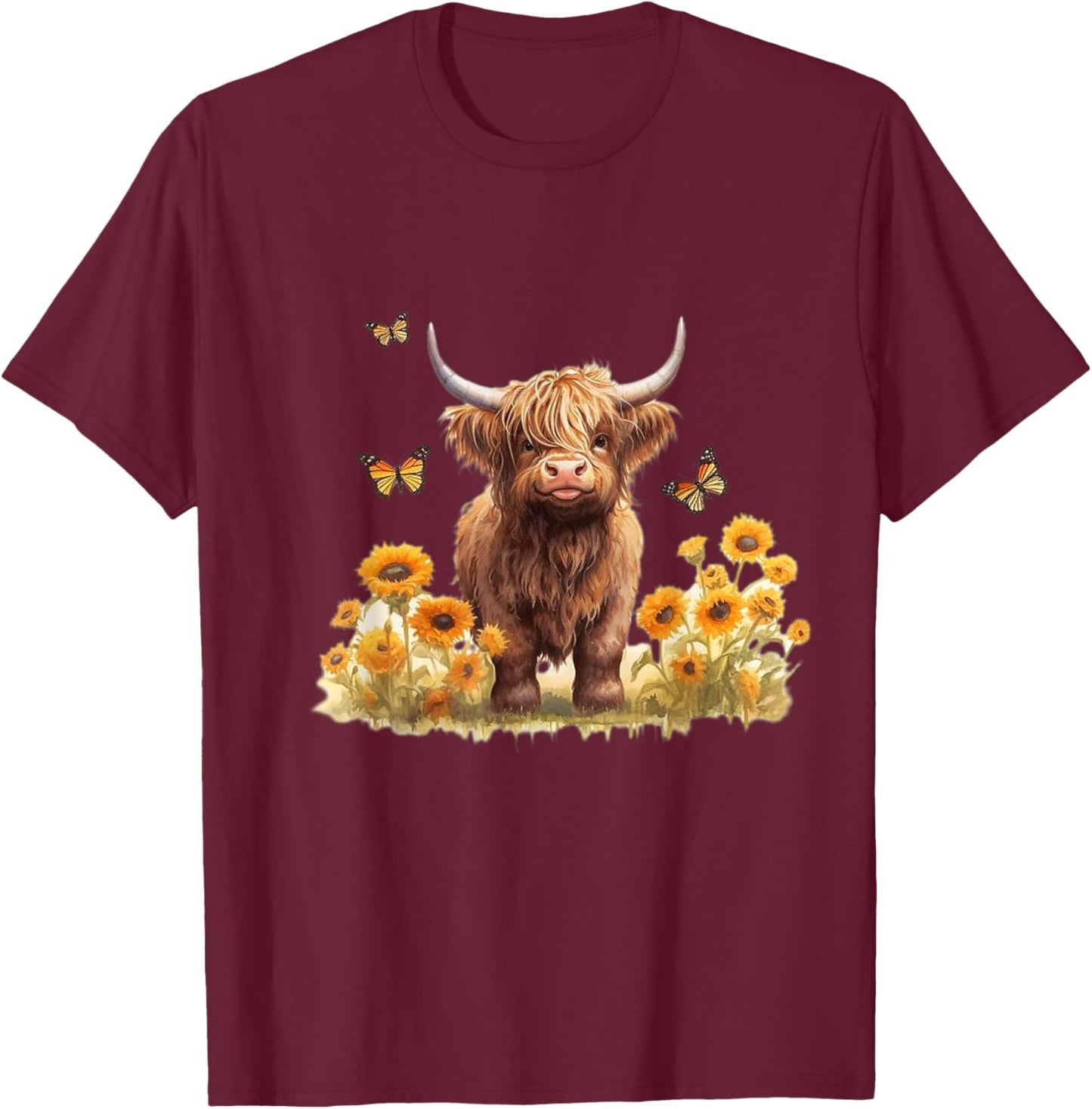 Cute Highland cow with sunflowers country Heifer Farm Farmer T-Shirt - T-Shirt | Maroon
