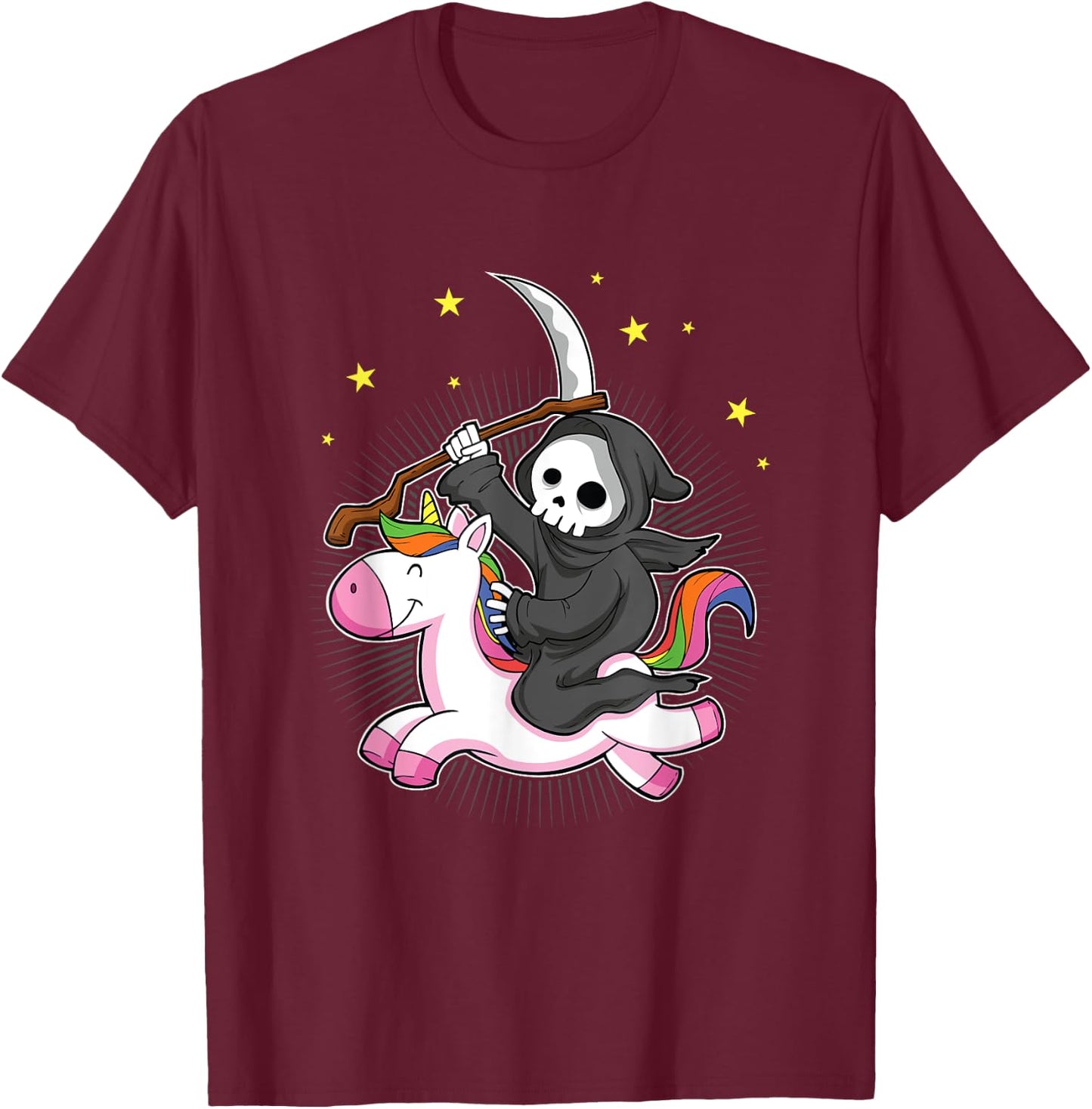 Death Metal Rock Music Halloween Grim Reaper Riding Unicorn T-Shirt - T-Shirt | Maroon