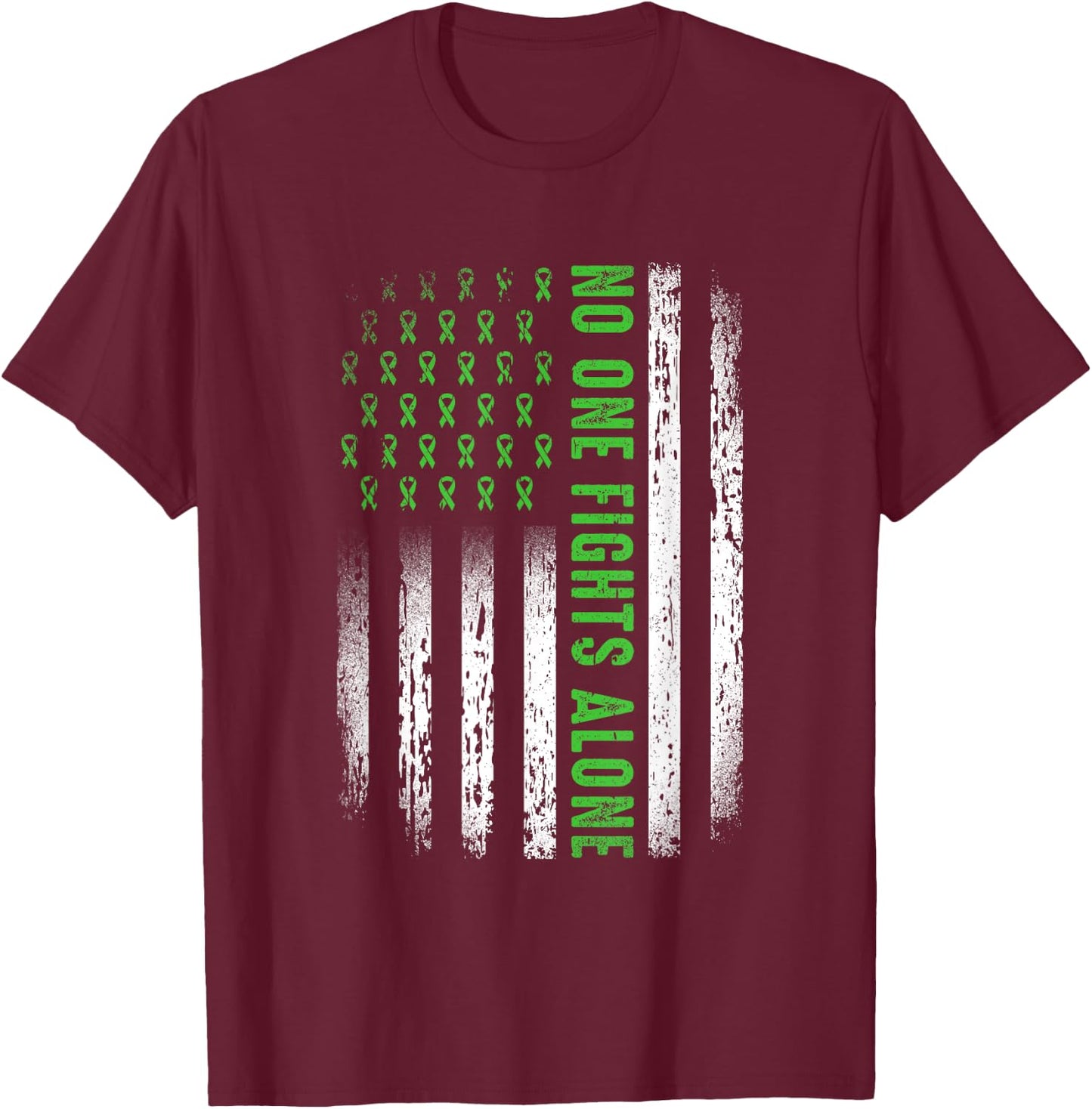 American Flag No One Fights Mental Health Alone Green Ribbon T-Shirt - T-Shirt | Maroon
