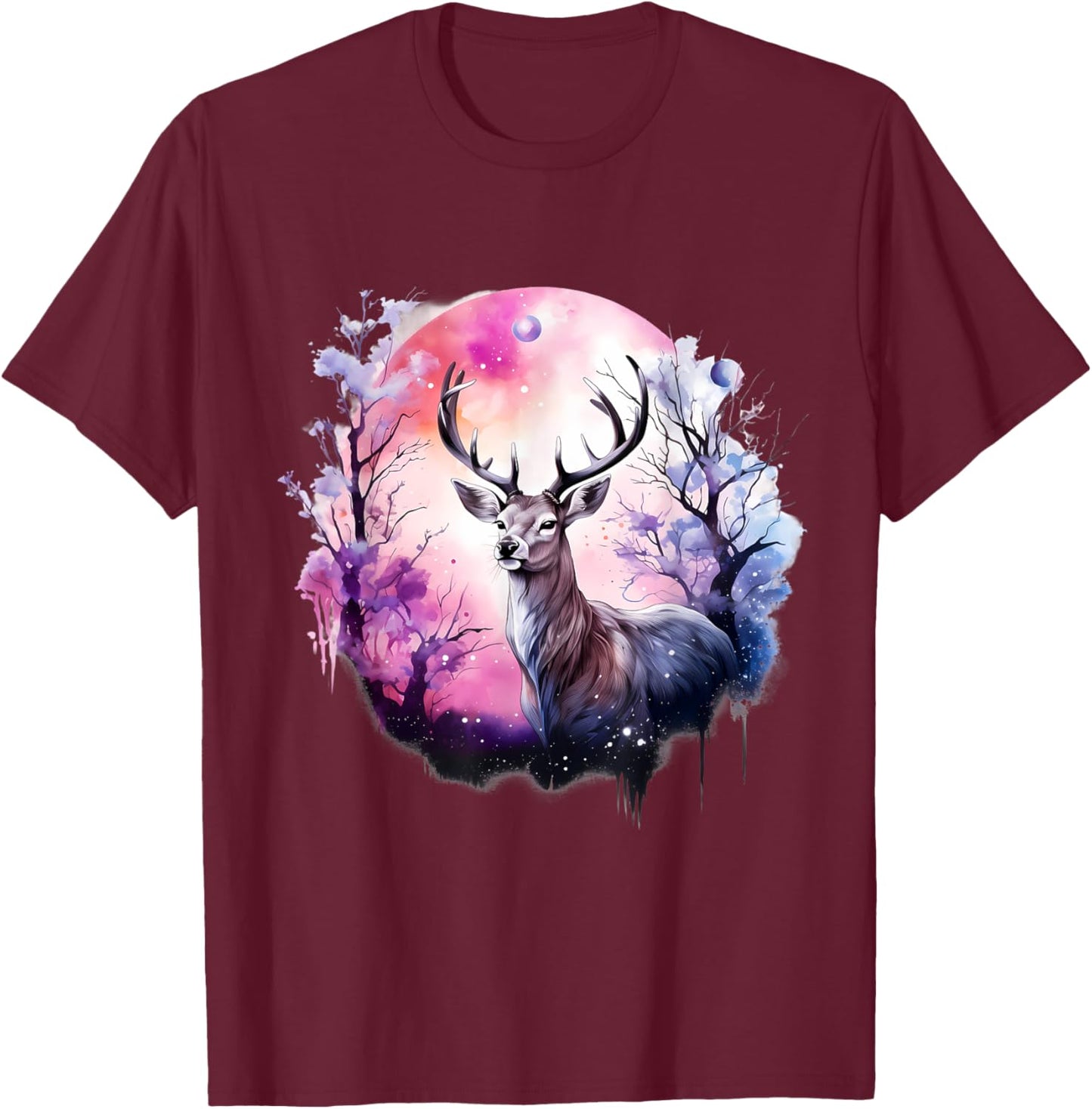 Deer Nature Animal Print Forest Floral Artwork Wildlife T-Shirt - T-Shirt | Maroon