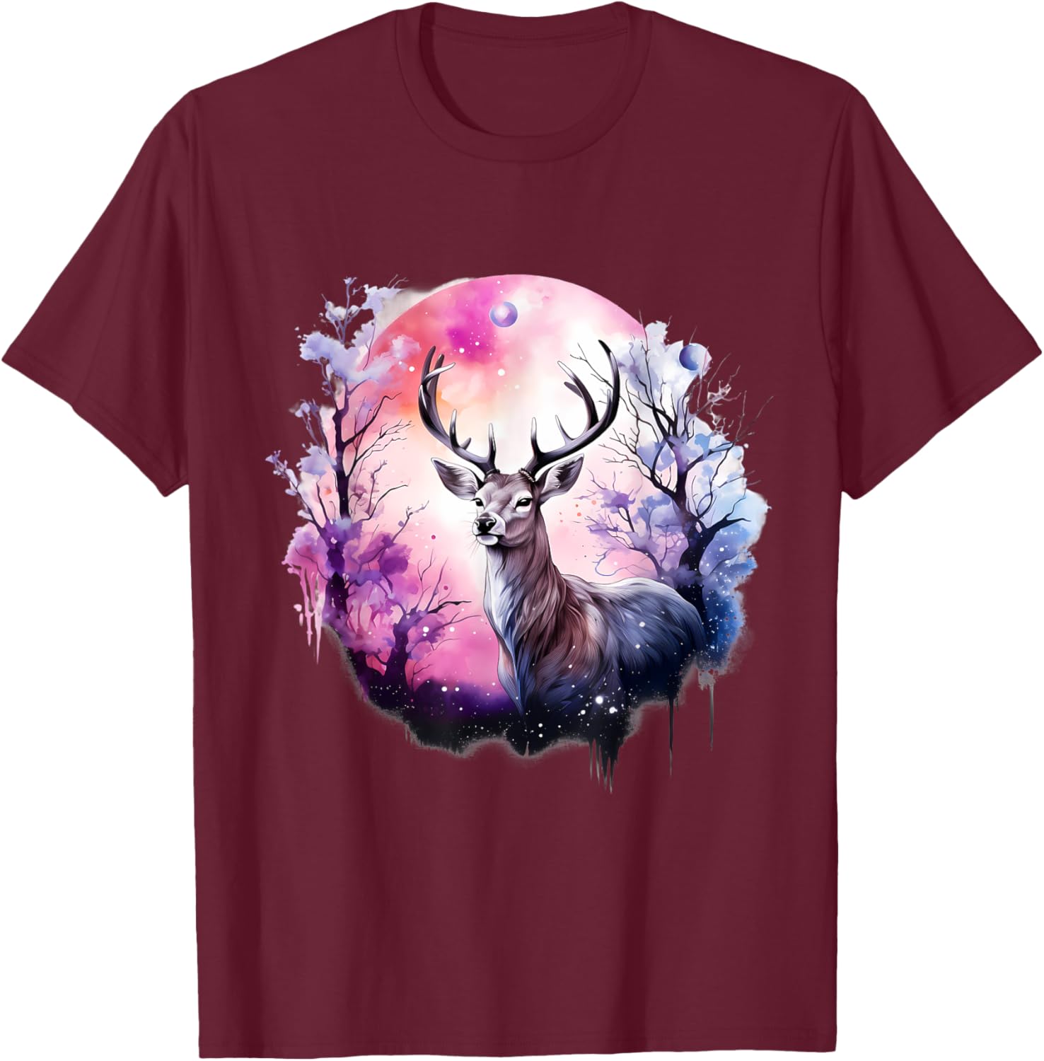 Deer Nature Animal Print Forest Floral Artwork Wildlife T-Shirt - T-Shirt | Maroon
