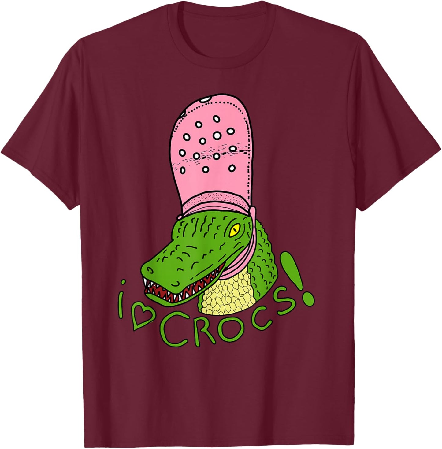 I Love Crocs Funny Alligator - Crocodile Wearing Cute Fangs , Black, S T-Shirt - T-Shirt | Maroon