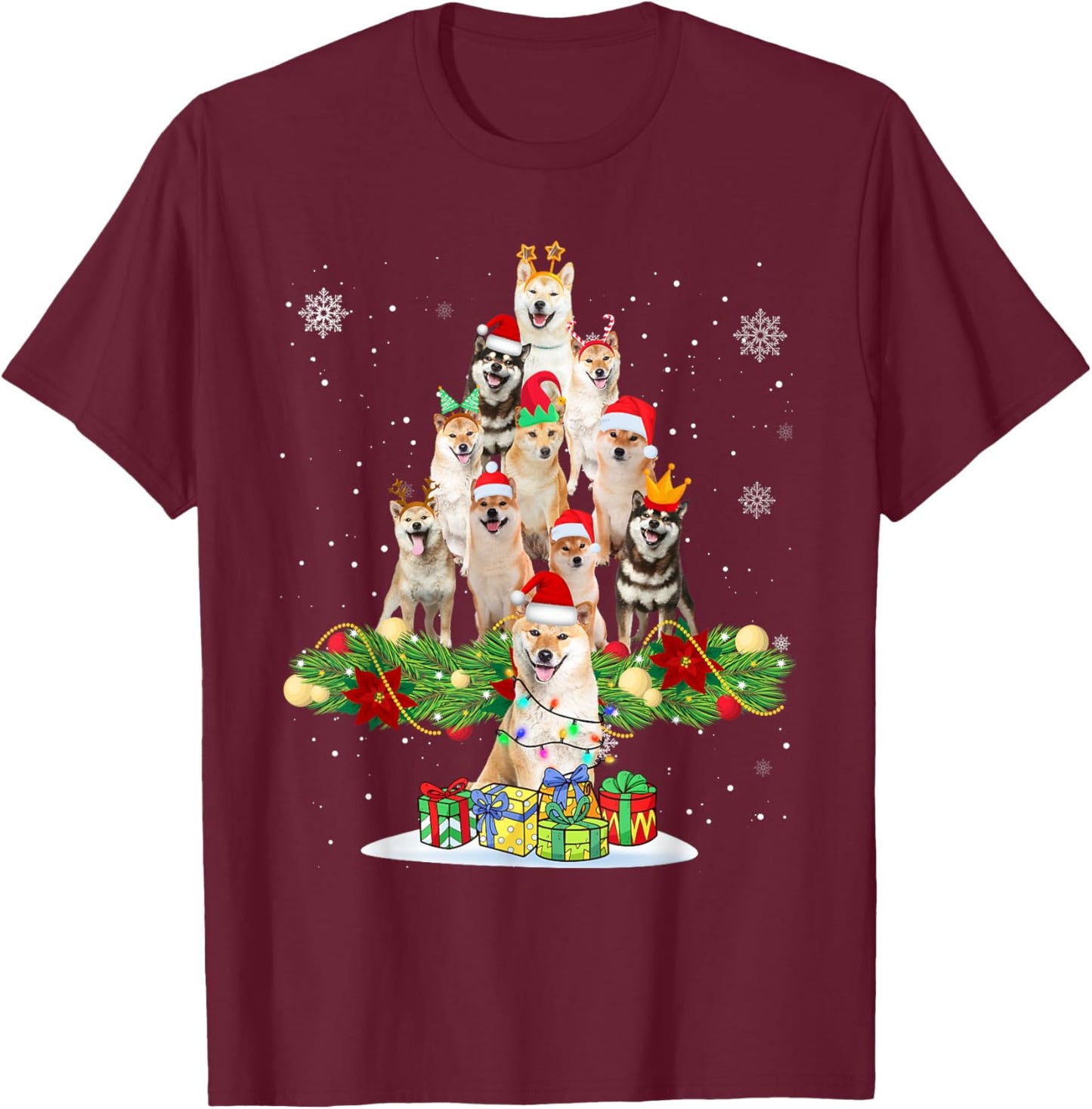 Ugly Sweater Christmas Tree Shiba Inu Dog Xmas Lights T-Shirt - T-Shirt | Maroon