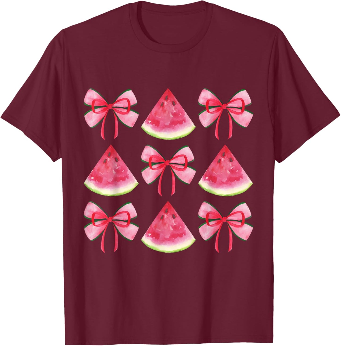 Watermelon Coquette Bow Girls Mom Women Summer Fruit Melon T-Shirt - T-Shirt | Maroon