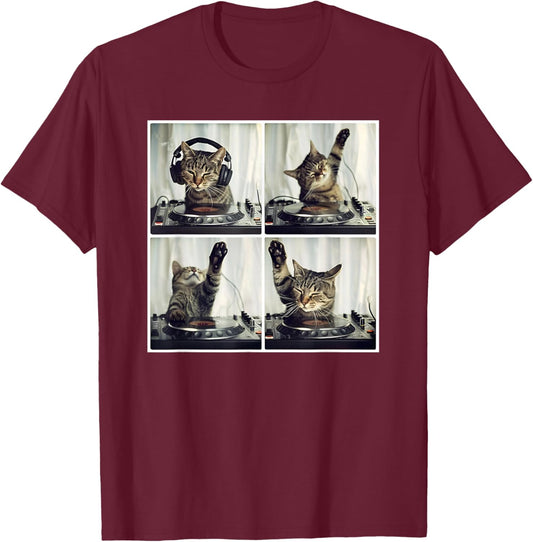 EDM DJ Cat Animal On Decks House Music Cat DJ T-Shirt - T-Shirt | Maroon