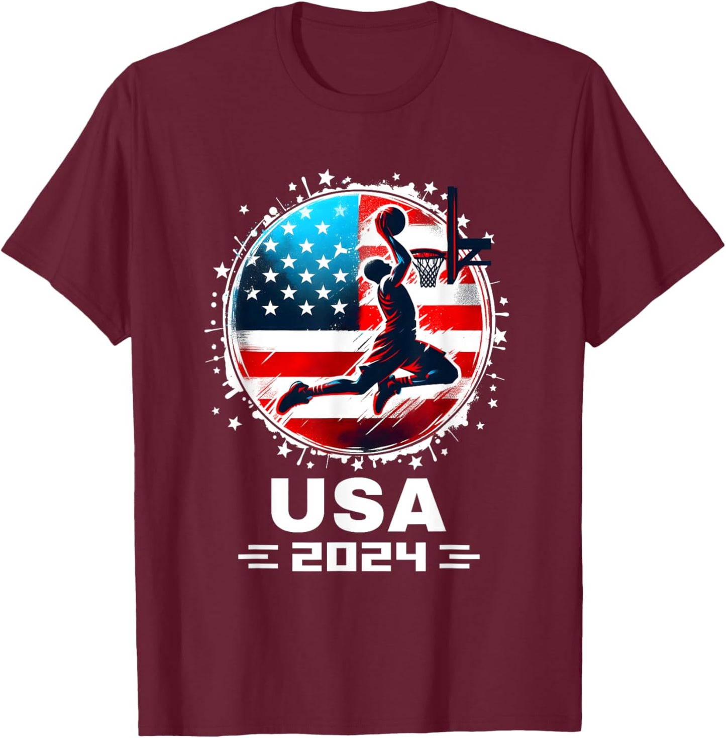 USA Team 2024 United States American Flag Basketball USA T-Shirt - T-Shirt | Maroon