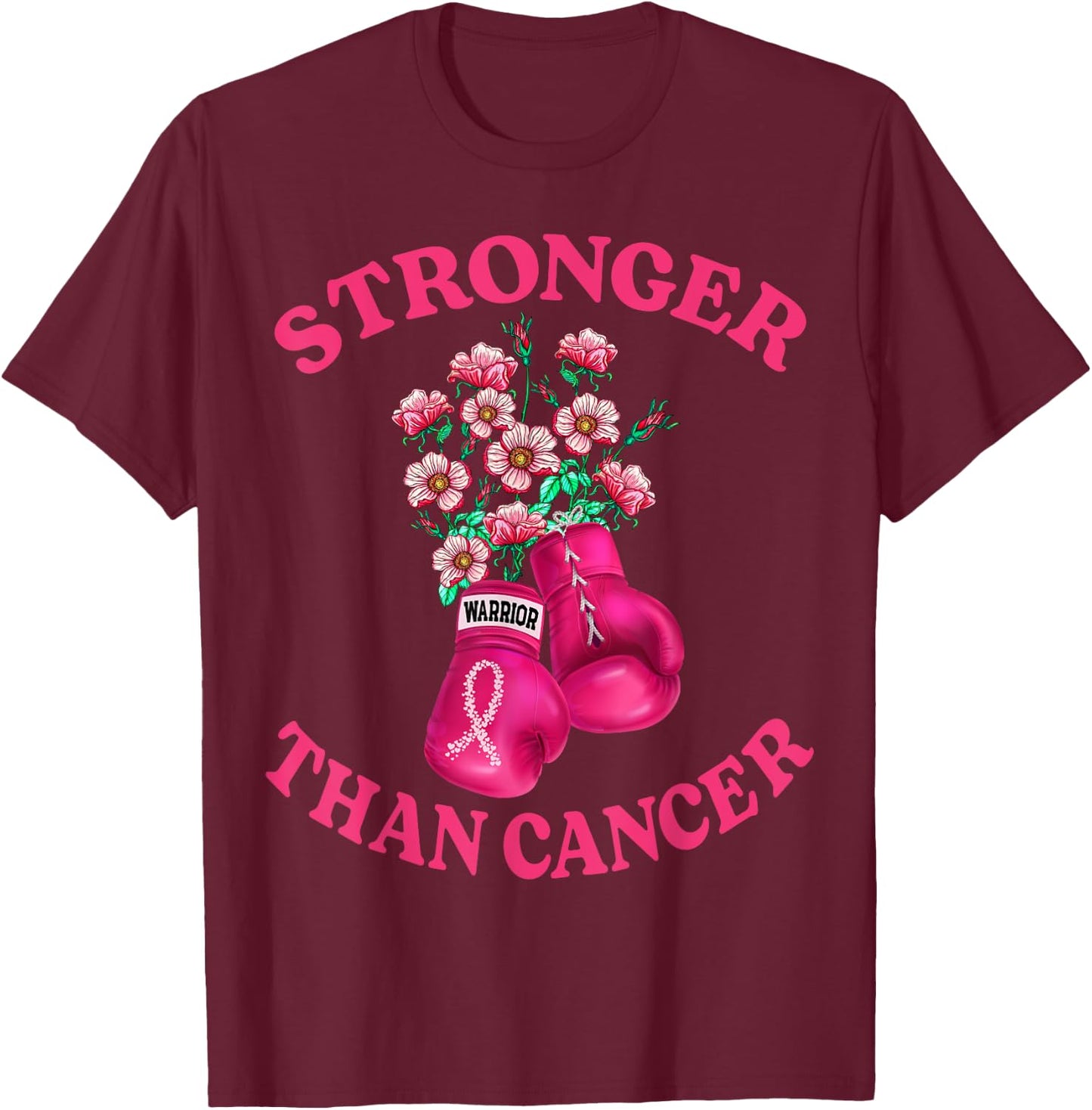 Stronger Than Cancer Boxing Gloves Pink Ribbon Breast Cancer T-Shirt - T-Shirt | Maroon