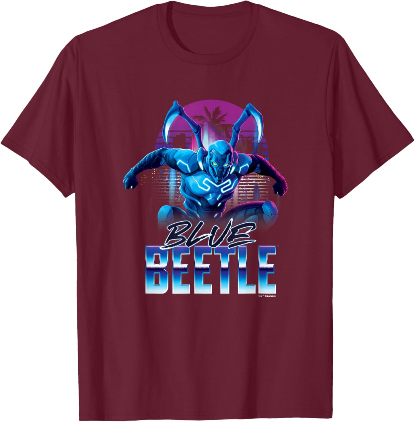Blue Beetle Neon City Lights Super Hero Action Portrait T-Shirt - T-Shirt | Maroon