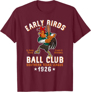 El Paso Early Birds Retro Minor League Baseball Team T-Shirt - T-Shirt | Maroon