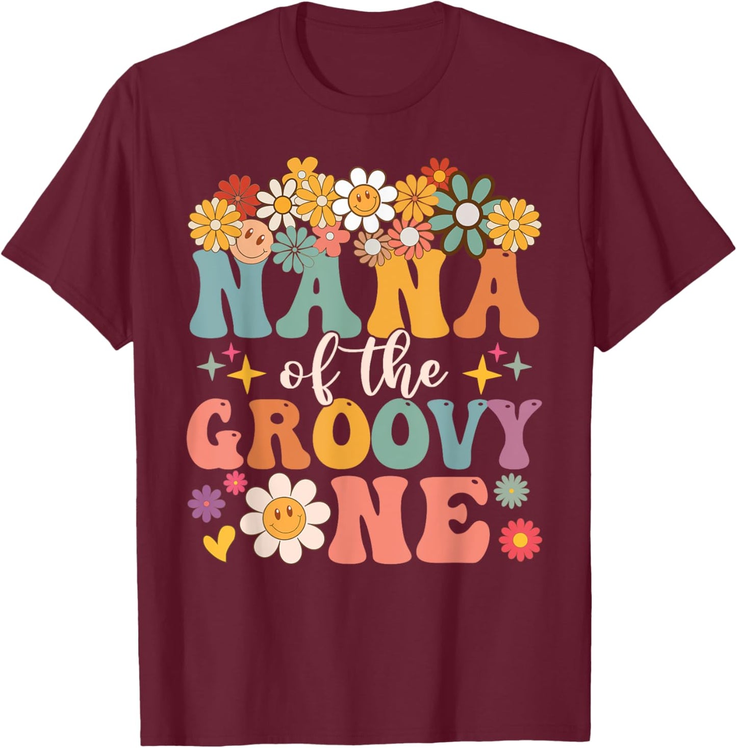 Retro Nana of Groovy One Matching Family 1st Birthday Party T-Shirt - T-Shirt | Maroon