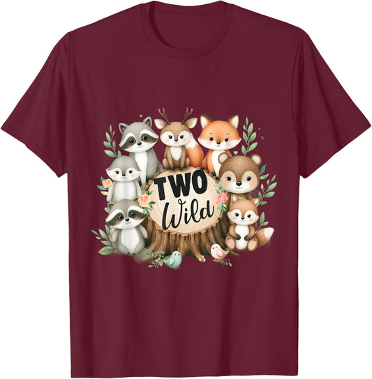 Two Wild Birthday Cute Woodland Animal Jungle 2nd Birthday T-Shirt - T-Shirt | Maroon