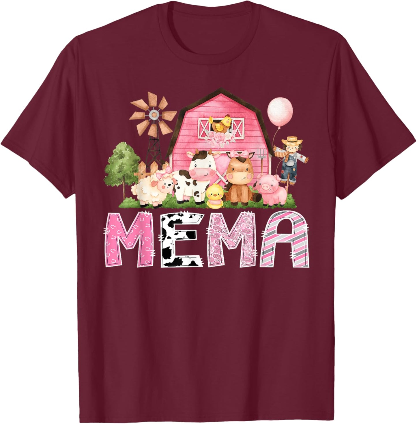 Mema Pink Farm Cow Birthday Girl Matching Family T-Shirt - T-Shirt | Maroon