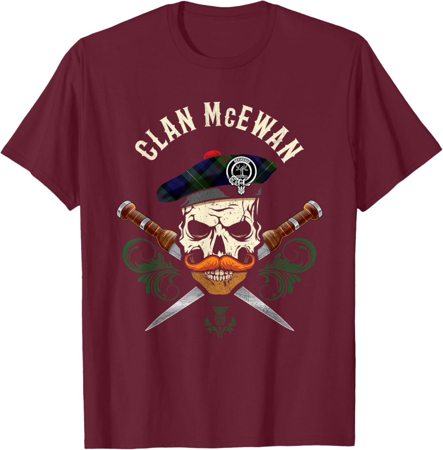 Scottish Clan McEwan Surname Skull Dirks Tartan Badge T-Shirt - T-Shirt | Maroon