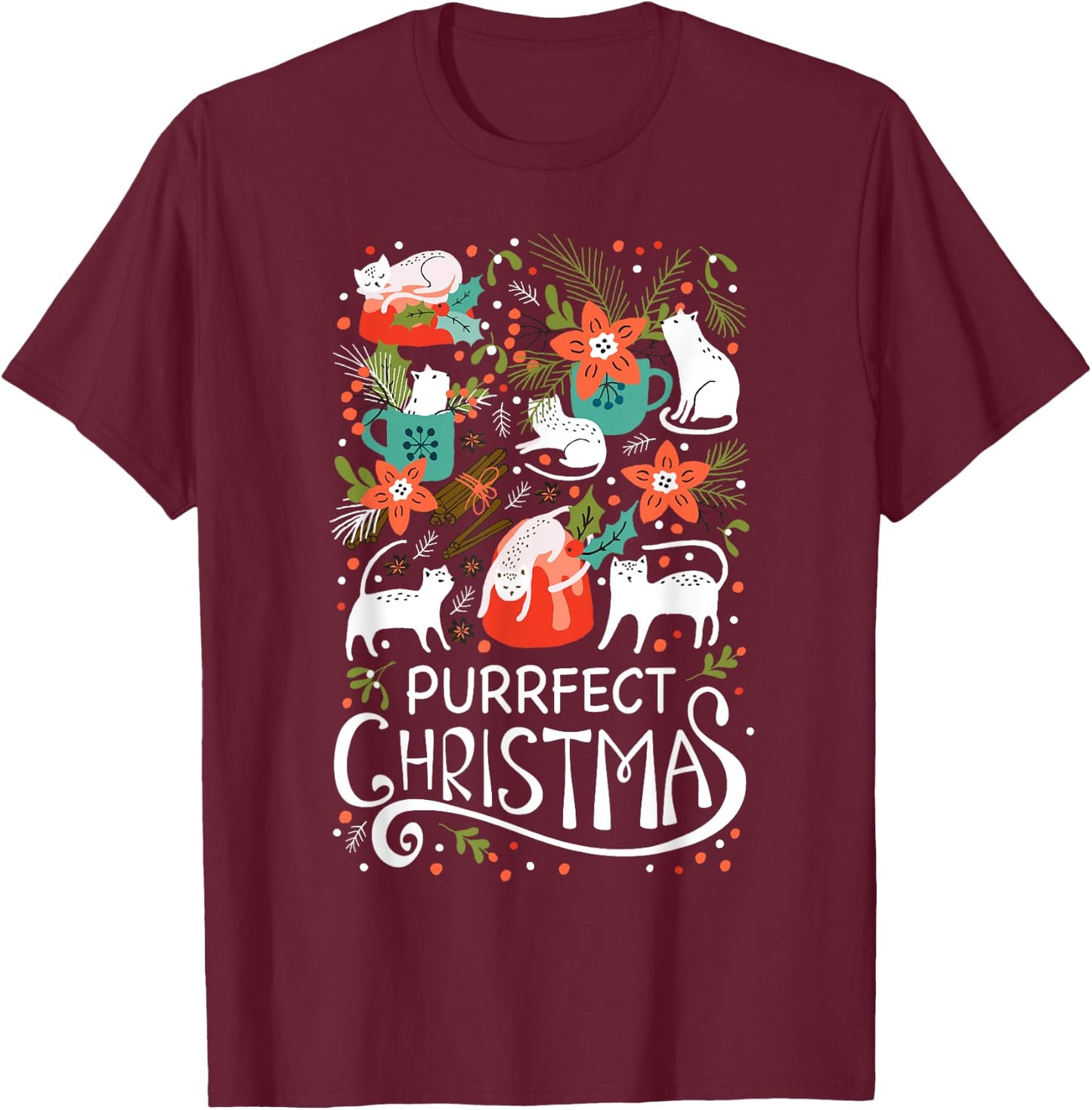 Cute Purrfect Christmas Cat Xmas Cat Lover Gift Men Women Kids T-Shirt - T-Shirt | Maroon
