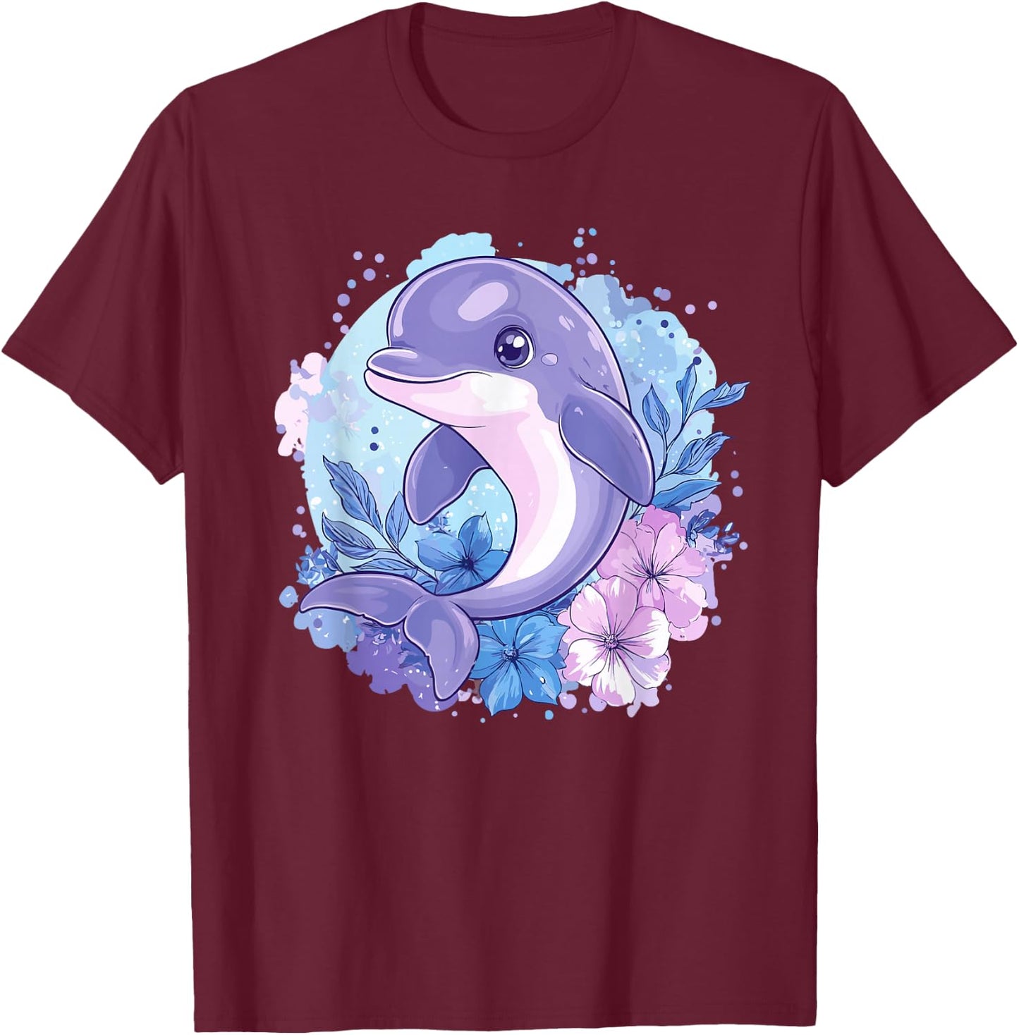 Adorable Dolphin Surrounded By Flowers T-Shirt - T-Shirt | Maroon