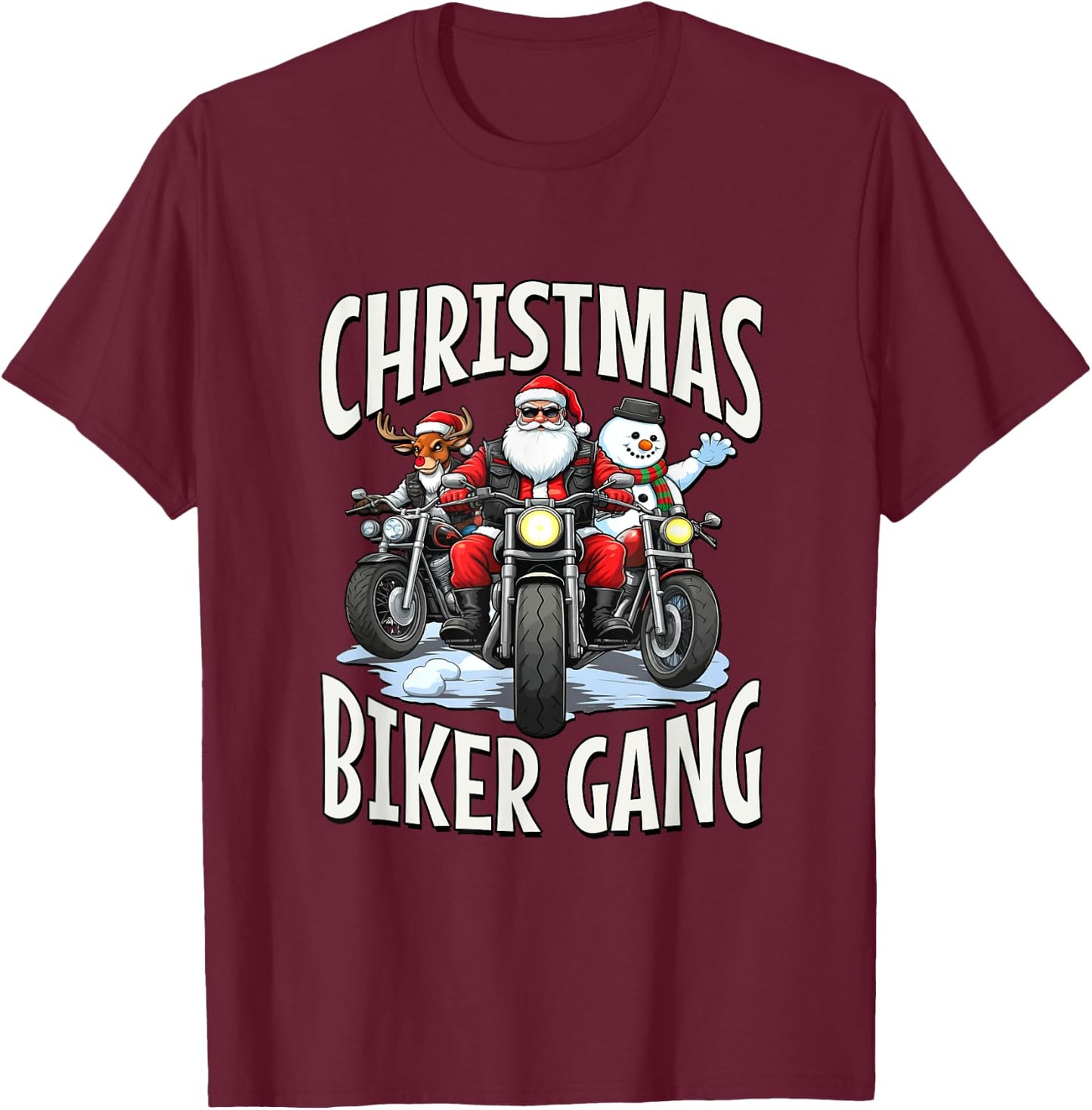 Christmas Biker Gang - Santa, Reindeer & Snowman Bikers T-Shirt - T-Shirt | Maroon