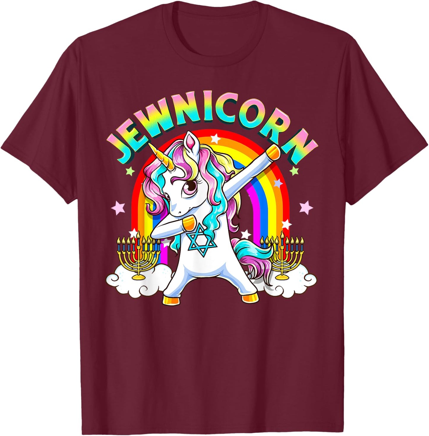 Jewnicorn Funny Cute Hanukkah Jewish Rainbow Unicorn Menorah T-Shirt - T-Shirt | Maroon