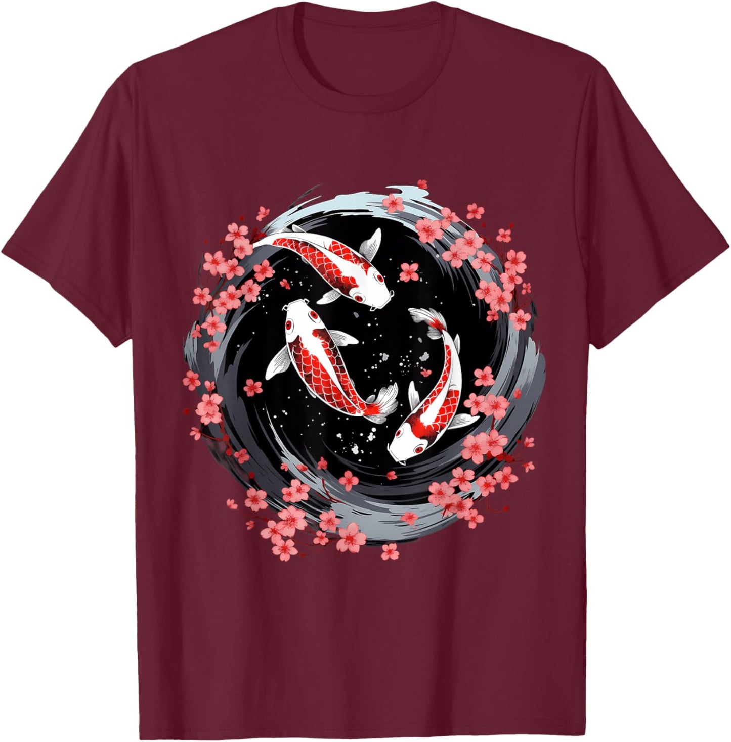 Japanese Koi Carp Ying Yang Nishikigoi Fish Cherry Blossom T-Shirt - T-Shirt | Maroon