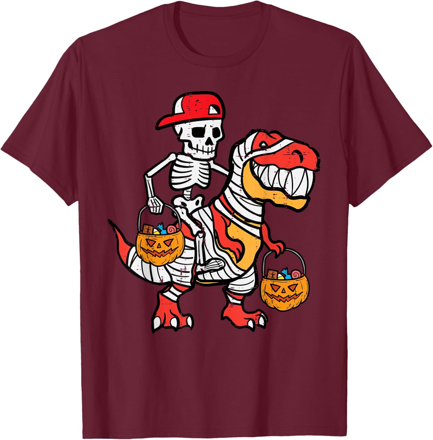 Cool Skeleton Cap Dino Mummy Toddler Boy Halloween Boys Kids T-Shirt - T-Shirt | Maroon