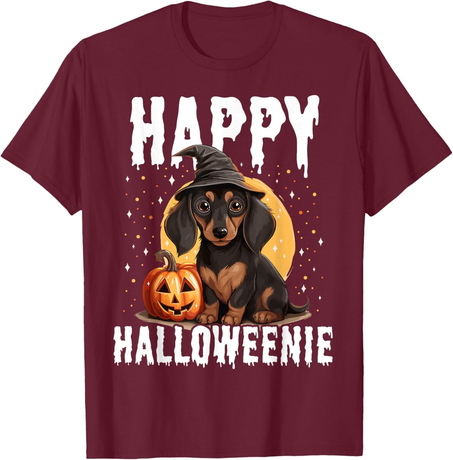 Funny Happy Halloweenie Halloween 2024 Weiner Dog Dachshund T-Shirt - T-Shirt | Maroon