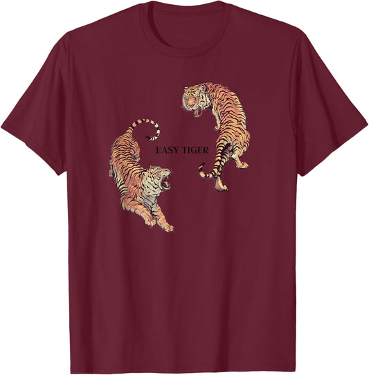Vintage Easy Tiger Graphic, Chinese Tiger Aesthetic T-Shirt - T-Shirt | Maroon