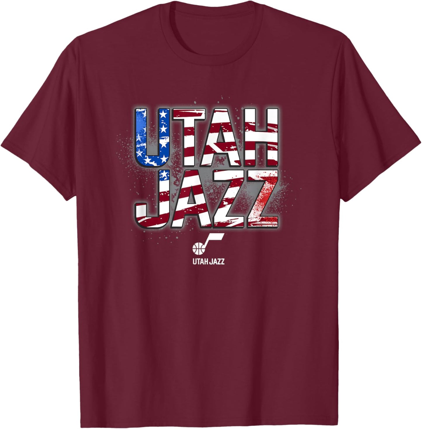 NBA Utah Jazz American Flag Distressed Paint Spill Logo T-Shirt - T-Shirt | Maroon