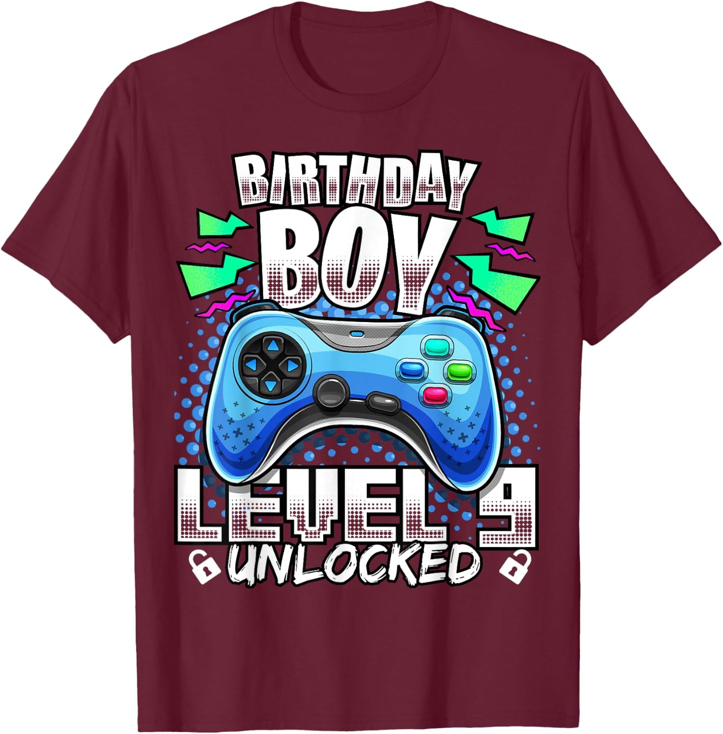 Level 9 Unlocked Video Game 9th Birthday Gamer Gift Boys T-Shirt - T-Shirt | Maroon