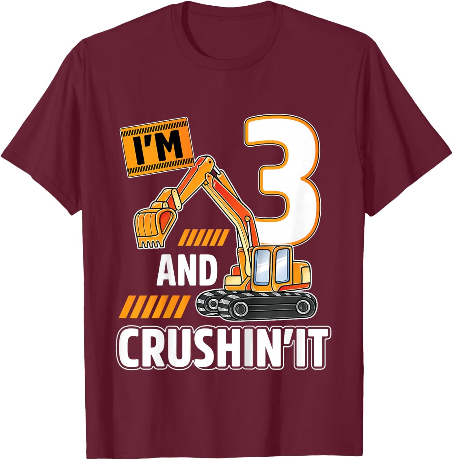 3 year old vehicles construction excavator Birthday 3rd T-Shirt - T-Shirt | Maroon